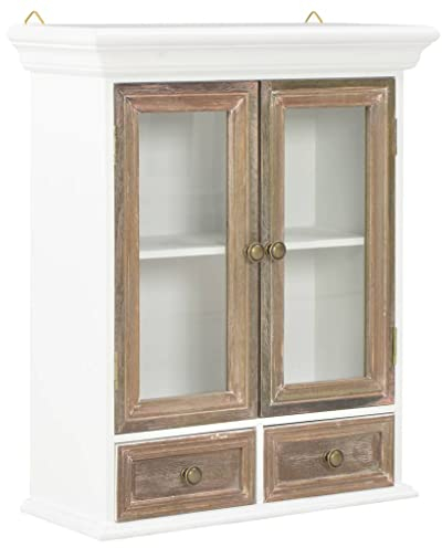 Makastle Glas Hängeschrank Oberschrank vielseitig Wandschrank Badezimmerschrank Aufbewahrungsschrank mit 2 Türen und 2 Schubladen, Weiß 49 x 22 x 59 cm Massivholz