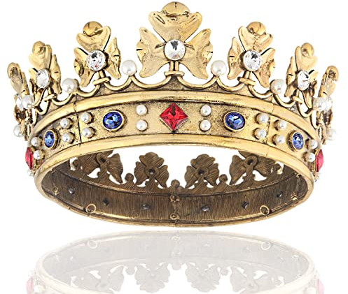 Barocke Königskrone für Herren, Metall, Prinzenkrone, Vollkreis, Party-Haarschmuck für Cosplay (Dunkelgold mit bunten Steinen)