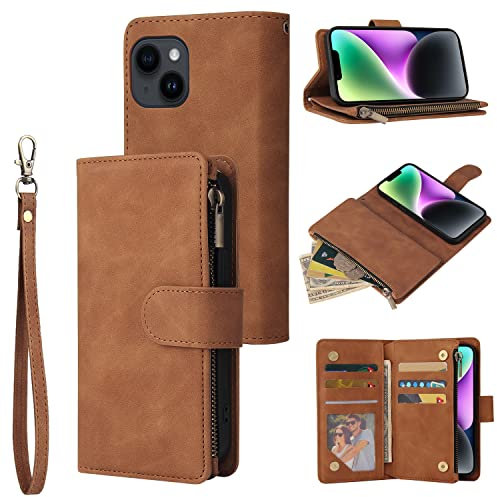 QLTYPRI Case for iPhone 14, Large Capacity Leather Wallet Case 6 Card Holder & 1 Zipper Pocket Kickstand Wrist Strap Magnetic Case for iPhone 14 - Brown