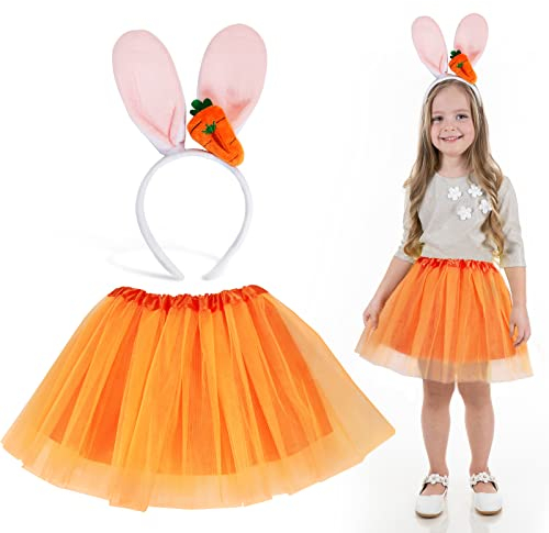 Deguisement Lapin Enfant Fille,Costume Lapin Tutu Jupe avec Bandeau Oreille, Lapin Orange Tutu Pailleté Rose Fille Pour Pâques Carnaval Halloween Cosplay Fête
