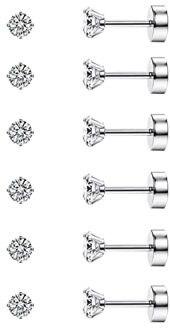 Diamday 6 Paare 20G Ohrstecker Knorpel Ohrring für Frauen Männer Mädchen 2-5mm flache Rückseite Ohrring Set 316L Chirurgenstahl Tragus CZ kleine Helix Piercing Schmuck hypoallergen Silber(3MM)