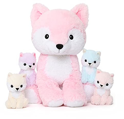 MorisMos Plüschtier-Fuchs, 48 cm, rosa Mama-Fuchs mit 4-Kawaii-Baby-Füchsen, Plüschtiere, Spielzeug, Fuchs-Plüschtier, Geschenk für Mädchen, Jungen, Weihnachten, Geburtstag