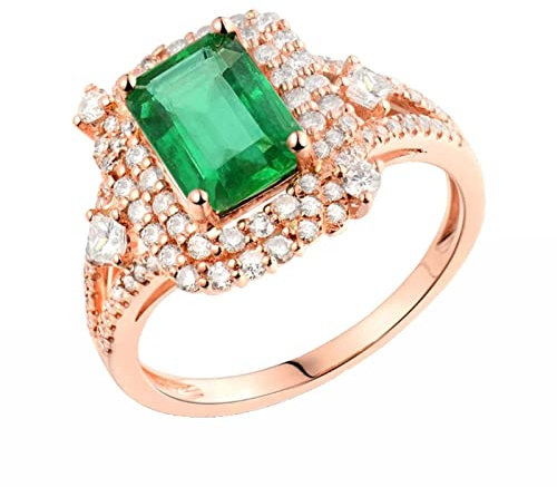 Anello Oro Rosa, Anello Fidanzamento Smeraldo 18K Laboratorio 2ct Creato Una Forma Rettangolare di Smeraldo con Moissanite Bianca 0,59ct Taglia 15