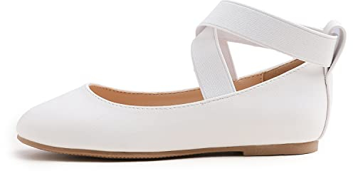 Feversole Girls Cute Dress, Mädchen süßes Kleid Mary Jane Schuhe weiche Party Urlaub Ballerinas Runde Spitze Stretchy,Synthetik elastisch flach Weiß Größe 32 EU