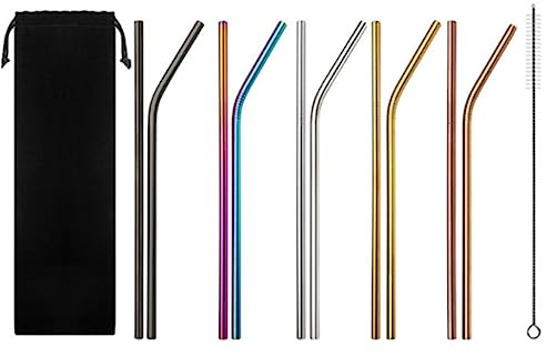 Tadipri 12 Pailles Réutilisables en Acier Inoxydable (21,5Cm) & 1 Brosses Nettoyage, 1 Sac en Tissu,Couleurs - Écologique, Solide & Lavable Au Lave-Vaisselle