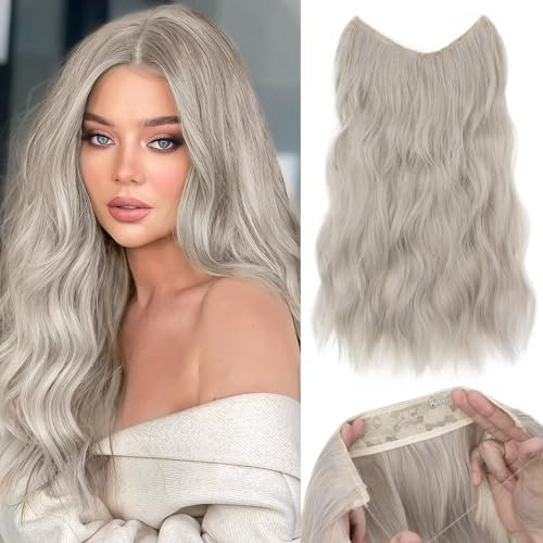 TESS Flip in Extensions 60 cm, Silber Grau Secrets Haare Extensions Gewellt 150g mit 4 Clips Extensions mit Band Synthetik Hair haarverlängerung mit Gummiband