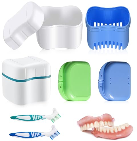 mizikuu 6 Stück Prothesenkoffer set, Zahnprothesen behälter mit Doppelbürstenkopf Prothese Box Zahnspangenbox mit Sieb Prothesen Etui für Falsche Zähne Und Zahnspangen Lagerung Reinigung