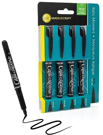 MANUSCRIPT Callicreative Italic Marker Pen | Black Permanent Markers, Perfect Calligraphy Pens | Set of 4 Fine, Medium, Broad & Extra Broad Chisel Tip Pens