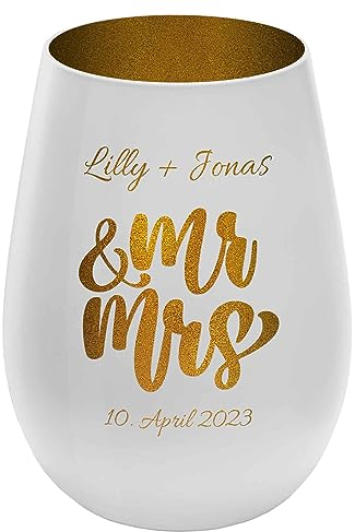 mtb more energy Windlicht mit Gravur Love für Paare - Außen Weiß/Innen Gold - personalisierbar - Verschiedene Motive auswählbar - Höhe 12 cm - Geschenk Teelichthalter Liebe