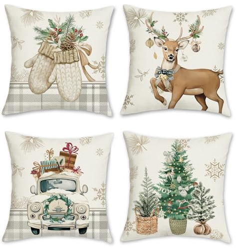Bonhause 4er Set Kissenbezüge Winter Rentier 45 x 45 cm Baum LKW Handschuhe Winterurlaub Dekorative Kissenhülle Zierkissenbezüge für Sofa Winter Dekoration