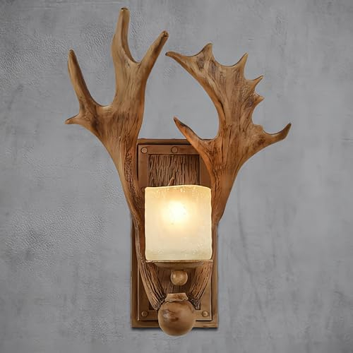 KZT Vintage Wandleuchte Innen E27 Industrial Retro Wandlampe Kreativ Harz Geweih Design Wandlicht Rustikale Flurlampe mit Glaslampenschirm für Wohnzimmer Schlafzimmer Küche Bar Cafés Flur Dekorative