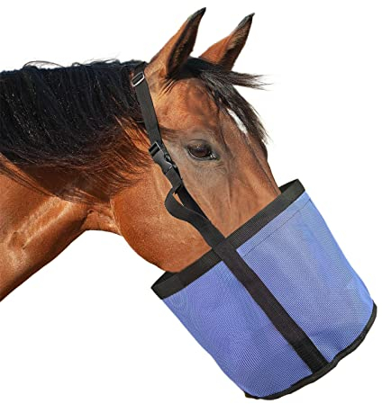 Pferdefutter Tasche, Heavy-Duty Breathable PVC Mesh Getreide Futtertasche, mit verstellbarem Riemen und langlebigem Snap Pferd Maulkorb Futtertasche, für Outdoor und Indoor (Blau)