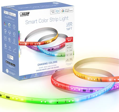 Feit Electric Smart Light Strip 16FT, Ultrathin RGBW Color Chasing LED Light Strip, 2.4GHz Wi-Fi Enabled, Works with Alexa and Google Home Assistant, Remote Control, (0.4in x 192in) TAPE192/CHASE/AG