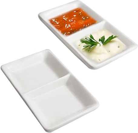 DOERDO DD 2Pcs White Ceramic Serving Platters 4.7Inch Appetizer Serving Trays Snack Dishes Divided Sauce Dishes for Restaurant Kitchen, 2 Compartment