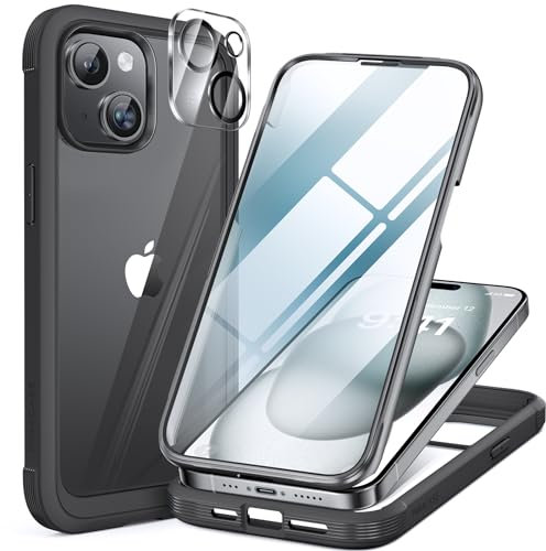Miracase Glass Case for iPhone 15 Plus Case 6.7-Inch, Full Body Bumper Clear Back Cover and Built-in 9H Tempered Glass Screen Protector + Camera Lens Protector (Black)