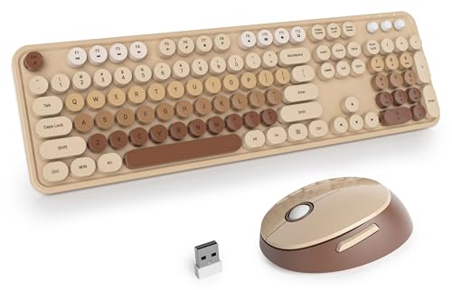 SOLIDEE Wireless Keyboard and Mouse Combo,Retro Typewriter Keyboard,2.4GHz Colorful Round Keycap Computer Keyboard with Number Pad,104 Keys Full Size Ergonomic Keyboard(US Layout QWERTY)(Mixed Coffee)