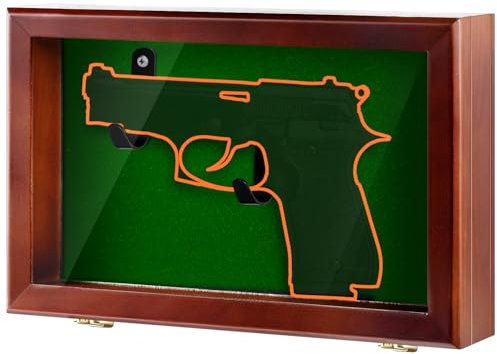 Silipull Waffen-Vitrine mit Schloss, Wandhalterung, Holz-Pistolen-Vitrine mit 98 % UV-Schutz, Acryl, transparente Tür, Waffenschattenbox, Ständer, Halter für Sammlung (rotbraun, 1 Pistolen-Displaycase