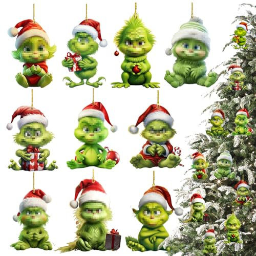10 Pezzi Grin-ch Albero Di Natale Ciondolo, Grin-ch Decorazioni Natalizie, Decorazioni Natalizie Elfi 2D, Ciondolo acrilico albero Natale, Decorazione albero di Natale per Casa, Scuola, Festa
