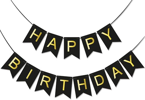BRUBAKER Happy Birthday - Geburtstag Wimpelkette Schwarz Gold - Party Banner 5 Meter - Geburtstagsdeko Girlande für Geburtstagstisch und Dekoration - Geburtstagsdekoration für Erwachsene und Kinder