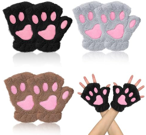 EUPSIIU 3 Stücke Damen Fingerlose Handschuhe, Dicken Plüsch Handschuh Finger handschue, Warmen Katze Claw Bear Pfote Plüsch Fäustlinge, Winter Fausthandschuh für Damen Mädchen (Mehrfarbig)