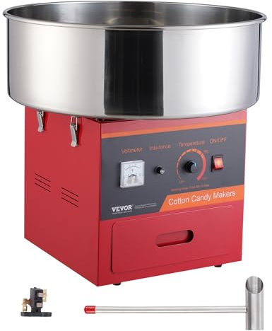VEVOR Macchina Zucchero Filato Elettrica 1000 W Macchina Zucchero Filato Commerciale 518 x 518 x 485 mm Ciotola in Acciaio Inossidabile, Paletta per Zucchero, Cassetto, per Feste in Famiglia, Rossa
