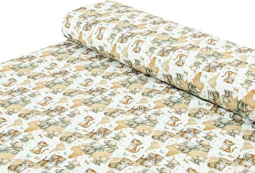 Baumwoll - Jersey Stoff Kinderstoff Safaritiere Elefant beige - Meterware ab 25 x 150 cm - Stoff zum Nähen