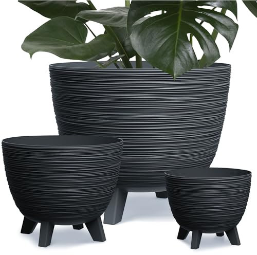 EDANTI Blumentopf 3er-Set Blumentöpfe mit Füßen Pflanzentopf Schale 23,6/29/39,5cm Klein Und Große Töpfe Füße Blumenkübel Rund Pflanzschale Übertopf Pflanzgefäß (Schwarz)