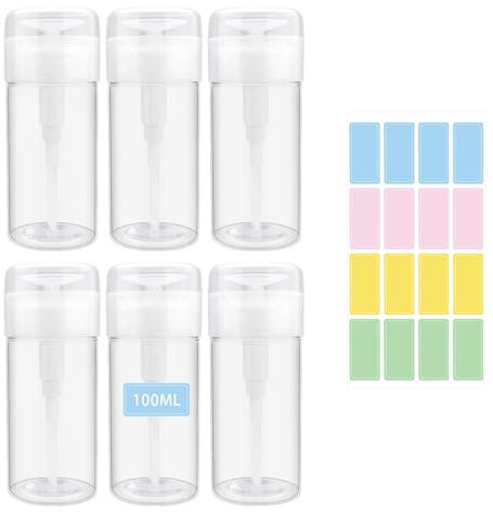 Modixun 6 Pack Nail Polish Remover Pump, Alcohol Dispenser Push Down Lockable Bottle Empty Liquid Container with Stickers for Makeup Remover, Micellar Water, Toner, 100ml