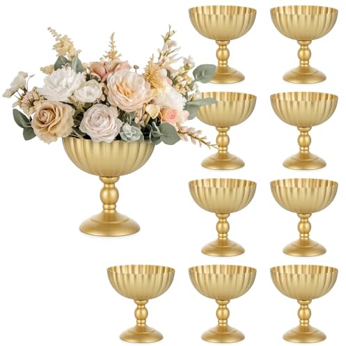 Sziqiqi Metall Gold Urn Vasen Hochzeit: Vase Hoch für Tischdeko 10Stk | Dick, ⌀20cm/ H20cm/ T8cm, Hohe Sockel, Weite Öffnung für Kunstblume, Vintage, Hochzeitdeko, Taufe, Esstisch, Party
