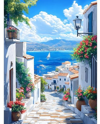 KEYIFA Paint by Numbers for Adults, Greek Village Scenery Painting by Number Canvas Kits with Acrylic Paint Brushes, DIY Landscape Craft Oil Painting Art Kits for Adults, Home Wall Decor 30x40cm
