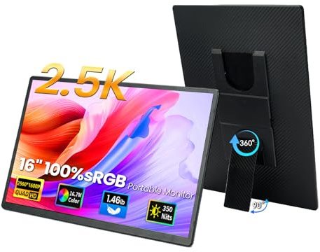 DZVW 16 2.5K Portable Monitor - QHD Laptop Screen Extender 100% sRGB Wide Color HDMI/USB C/USB A Travel External Display Stand Gaming Monitor for PC Windows MAC Computer Switch Phone Xbox PS4/5
