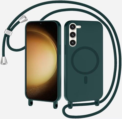 Magnetische Handykette für Samsung Galaxy S23 Plus Hülle mit Band,Handyhülle Kompatibel mit MagSafe,Kabellosem Laden Silikon Seil Necklace Handyhülle mit Abnehmbar Kordel zum Umhängen Case,Dunkelgrün