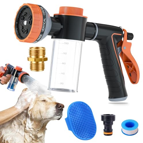 Dog Shower Attachment with Soap Dispenser, Upgraded Dog Washing Hose Attachment for Bathing Pets, High Pressure Foam Sprayer with 10 Spray Modes and Grooming Brush