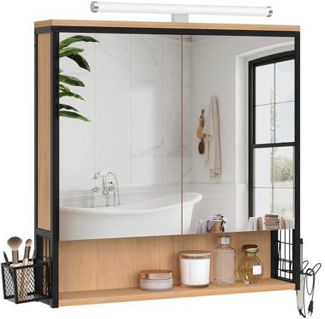 EUGAD Meuble Murale de Salle de Bain avec Miroir LED, Placard Mural de Toilette avec 3 Compartiments de Rangement et Étagère Intérieure Réglable, Chêne Clair+Noir, 70x14,5x70 cm