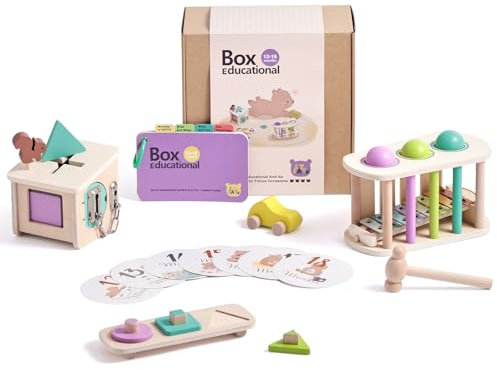 OESSUF Montessori Toys 12-18 Months - Hammer Ball Toy Xylophone Set | Wooden Shape Peg Puzzle| Shape Lock Box | Wooden Car| Toddler Learning Toys Fine Motor Skills Development|Educational Gifts