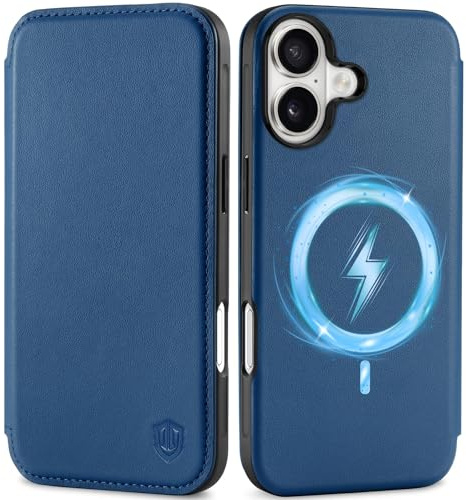 SHIELDON Dünn Echtleder Hülle für iPhone 17 6,3 2025, Königsblau | Kabelloses Laden, RFID-Blocker, Handy-Ösen, Schutzhülle, Klappbar Handytasche, Magnet Handyhülle, Wallet Case