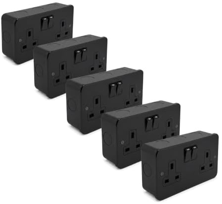 SH|P® Double Switched Socket – 13A Matt Black Metal Clad 2 Gang Plug Outlet with Metal Surface Back Box – Heavy Duty, Modern Finish, BS 1363 Certified (5 Pack)