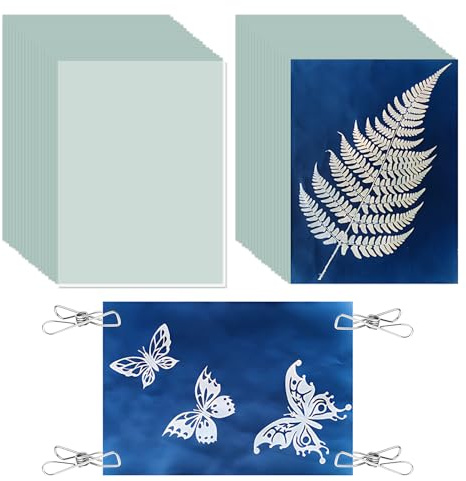 A5 Cyanotypie Papier Set, 32 Stück Wefaly Sonnendruckpapier mit Kunststoffwerkzeug und Klammer Hochempfindlich Sonnendruckpapier für Kinder Erwachsene Kunsthandwerk DIY-Projekt