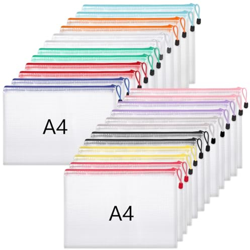 24 Stück Dokumententasche A4, Reißverschlusstasche Dokumentenmappe | Wasserdichte Dokumententaschen mit Reißverschluss für Datei Prüfungsunterlagen Bücher Quittungen (12 Farben)