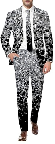 Zanisouta Anzug Herren Pailletten 2 Teilig Sets Disco Outfit Glitzer Jacke und Hose Druck Anzüge Discokugel Party Karneval Kostüm Hochzeit 80er Jahre Modische Blumenmuster Zweiteiler Set