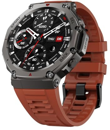ZVD Smartwatch Uomo,GPS Militare per Trekking & Sport, Chiamate Bluetooth, Notifiche, Impermeabile, Orologio Sportivo con Modalità Multiple per Android (Rosso)