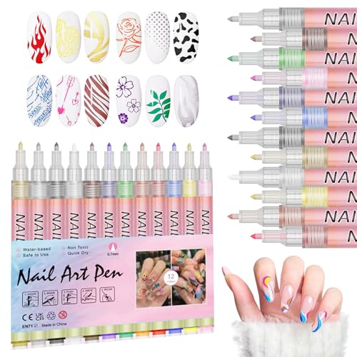 Yuaerbuo 12 Colors Nail Art Pens, 0.7mm Nails Art Marker Quick Dry Nail Drawing Pen Set DIY Nails Doodle Pens for Painting