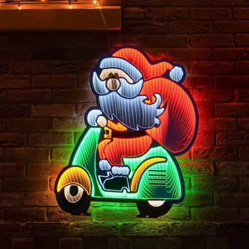 Festive Lights 60cm LED Weihnachtsfigur Weihnachtsmann Figur mit Spiegel Effekt Weihnachtsdeko innen modern Deko (Weihnachtsmann mit Moped)