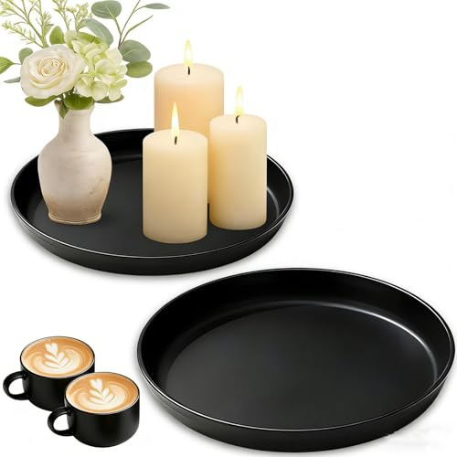 2 PCS Black Round Tray, Black Tray, Candle Trays for Living Room | Modern Farmhouse Decor, Coffee Table Trays, for Jewelry Fruit Bowl Living Room Accessories Home Decoration