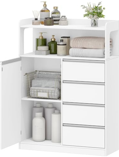 HEXCELEN Badezimmerschrank, 4 Schubladen und Offenem Regal Weiß-Silber | Aufbewahrungsschrank, 30 x 80 x 110 cm, Badschrank Hoch, Verstellbare Ablage, für Badezimmer, Wohnzimmer