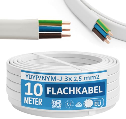 BM Electric YDYp Flat NYM-J - Cavo di installazione piatto da 3 × 2,5 mm², profili da 11 × 6 mm, conduttori in rame 300/500 V, colore grigio PVC Sheath, installazione fissa per stanze dry/vapore