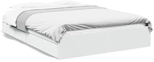 HFXHIJXQ Bettgestell 160x200 Weiß Holzwerkstoff Doppelbett Lattenrost 4 Bettkästen Stauraum