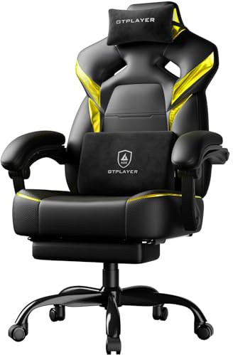 GTPLAYER Silla de Gaming, Silla Gamer, Silla con reposapiés, cojín Lumbar, reposacabezas, Altura Ajustable, reposabrazos Ajustables con reposapiés, Silla de Gaming, 200 kg, giratoria, Color Amarillo