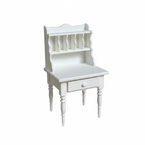 Wmqbjta Miniature Bureau de Maison de Poupée avec Hutch Surélevé Pieds Tournés Détails Texturés Rangement Pratique Adapté à la Décoration Miniature Collection Jeu Éducatif, Blanc