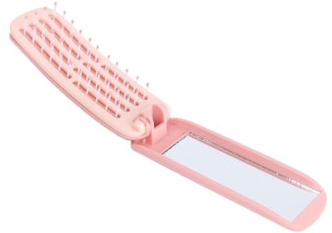 Bewinner Self Cleaning Pocket Folding Hair Brush for Women Travel - Portable Foldable Hairbrush with Mirror, Compact Mini Travel Brush with Detachable Pad for Quick Cleanup, Ergonomic 2 (Pink)